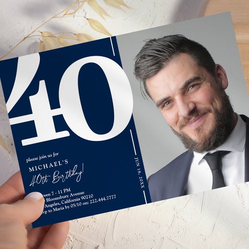 Navy Blue Photo 40th Birthday Party Invitation