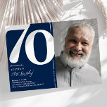Navy Blue Photo 70th Birthday Party Invitation<br><div class="desc">Create lasting memories at your 70th birthday bash with these classic navy blue birthday party invitations! Featuring a large bold serif font showcasing the number '70', a photo of the birthday boy / girl, and a modern template that is easy to personalize, these invitations will capture the spirit of the...</div>
