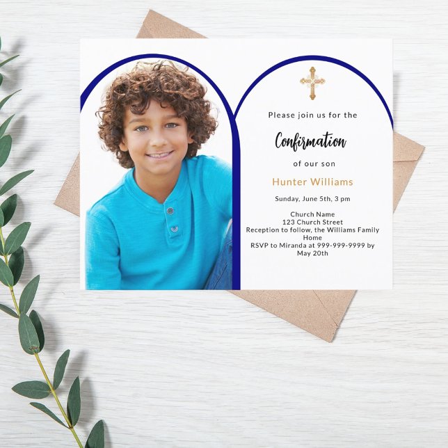 Navy blue photo arch boy Confirmation invitation (Creator Uploaded)