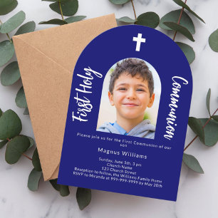 Navy blue photo arch boy First Holy Communion Invitation