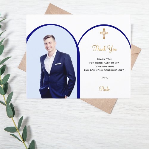 Navy blue photo arch Confirmation Thank You card