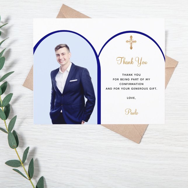 Navy blue photo arch Confirmation Thank You card (Creator Uploaded)