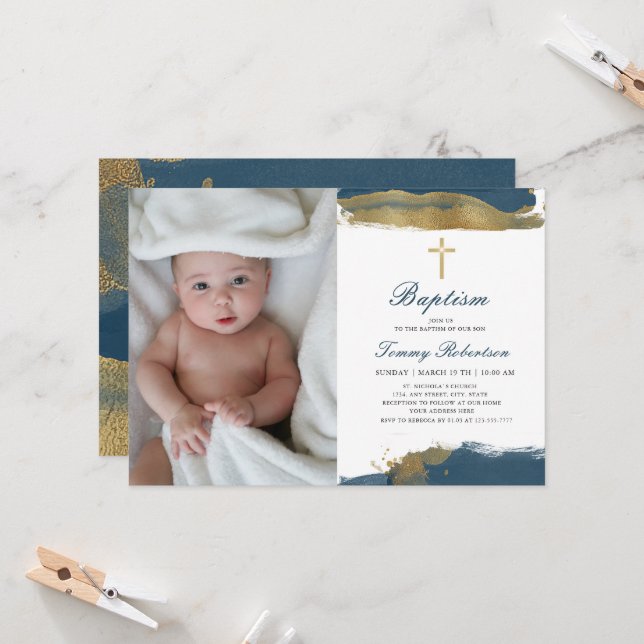 Navy Blue Photo | Baptism Boy Golden Invitation (Front/Back In Situ)