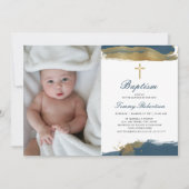 Navy Blue Photo | Baptism Boy Golden Invitation | Zazzle