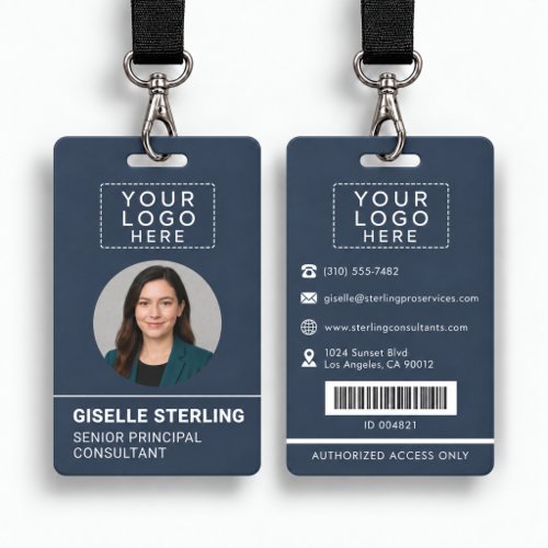 Navy Blue Photo Bar Code Name ID Employee Logo Badge