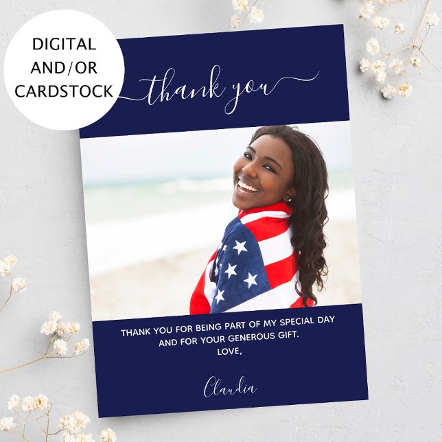 Navy blue photo birthday thank you card (Creator Uploaded)