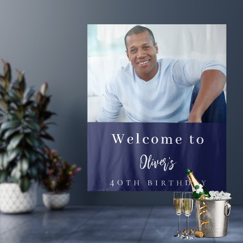 Navy blue photo birthday welcome tapestry