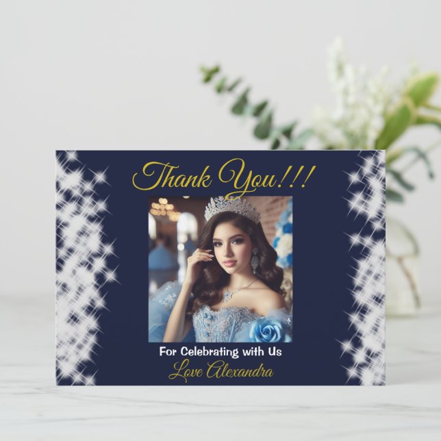 Navy Blue Photo Boho Quinceañera Spanish Favor Thank You Card (Standing Front)