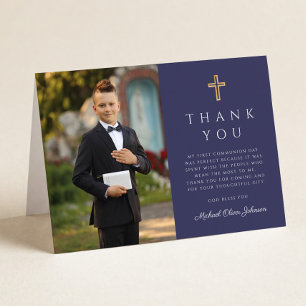 Navy Blue Photo Boy First Communion Folded Letterpress Thank You Card