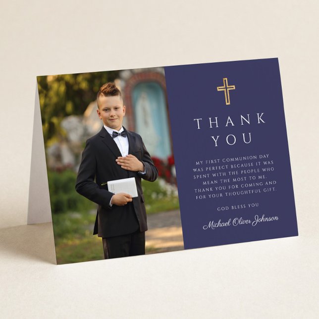 Navy Blue Photo Boy First Communion Folded Thank You Card (Creator Uploaded)