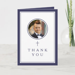 Navy Blue Photo Boy First Communion Thank You Card