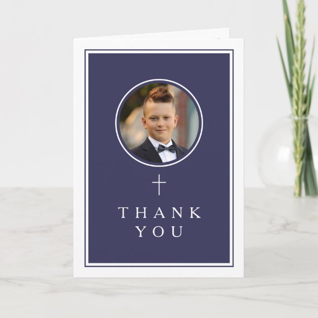Navy Blue Photo Boy First Communion Thank You Card (Front)
