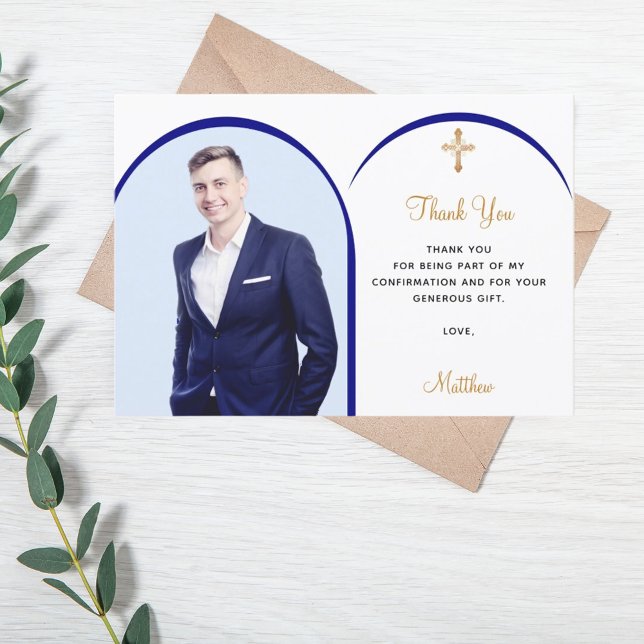 Navy blue photo boy gold cross Confirmation Thank You Card (Creator Uploaded)