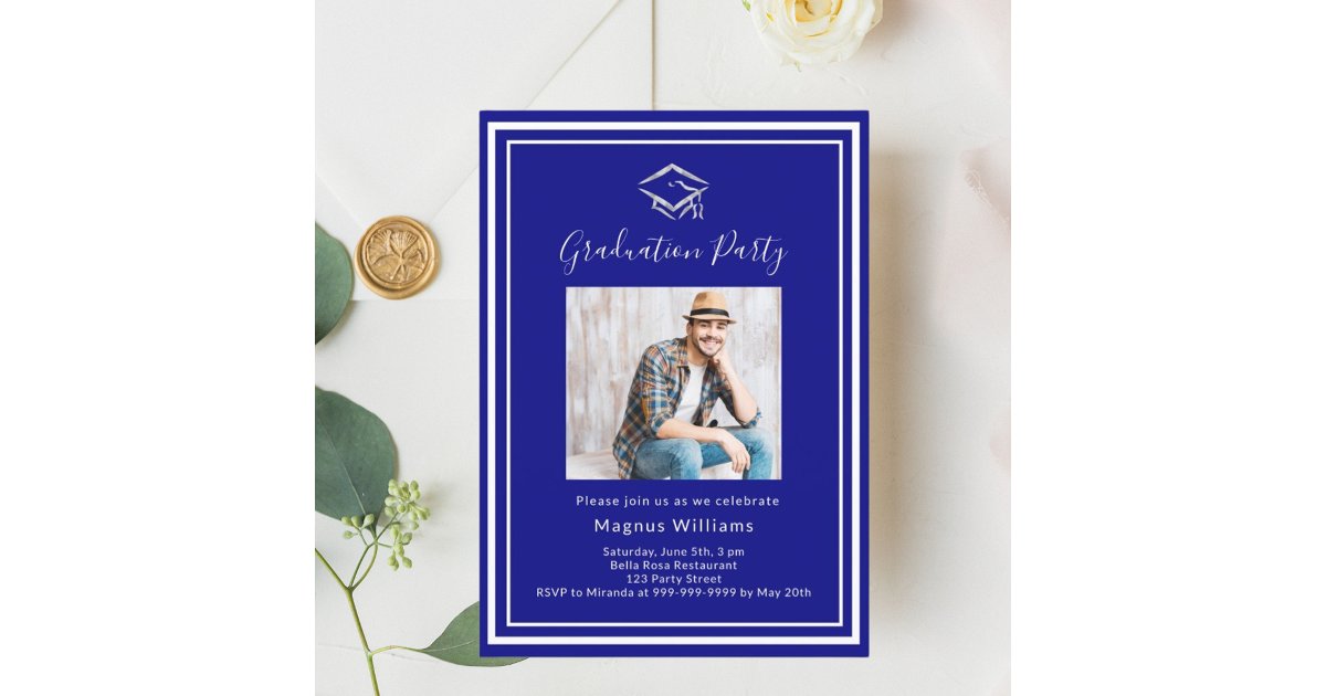 Navy blue photo cap Graduation Party Invitation | Zazzle