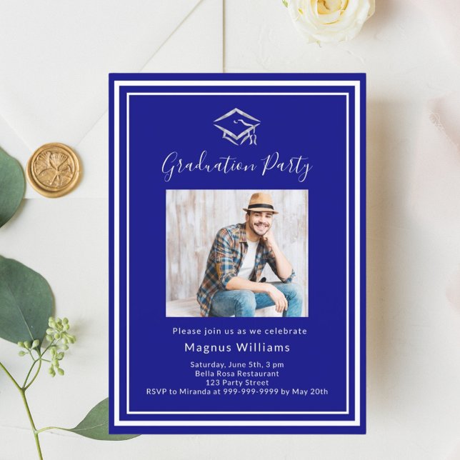 Navy blue photo cap Graduation Party Invitation (Creator Uploaded)