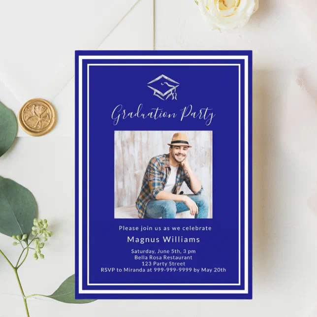 Navy blue photo cap Graduation Party Invitation | Zazzle