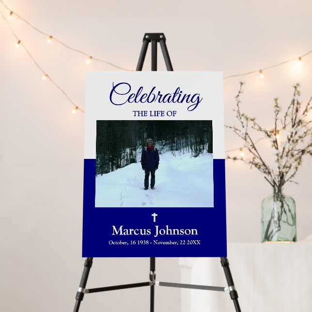 Navy Blue Photo Celebrating the life Funeral  Foam Board (In Situ (Stand))