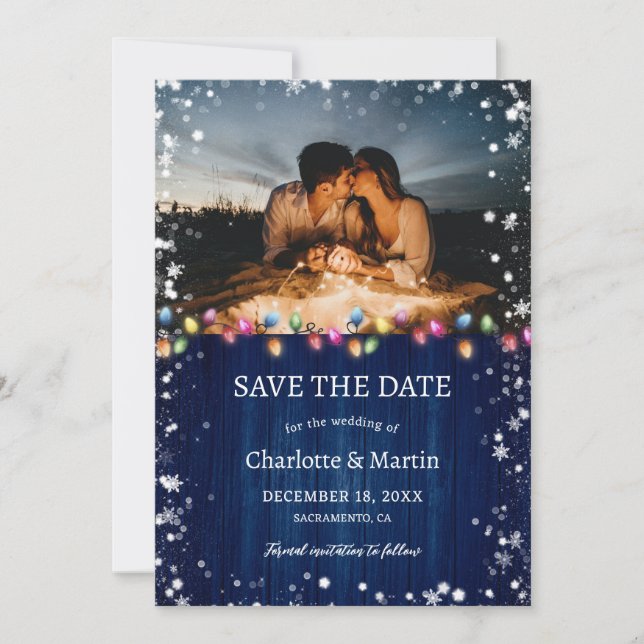 Navy Blue Photo Christmas Lights Holiday Wedding Save The Date (Front)