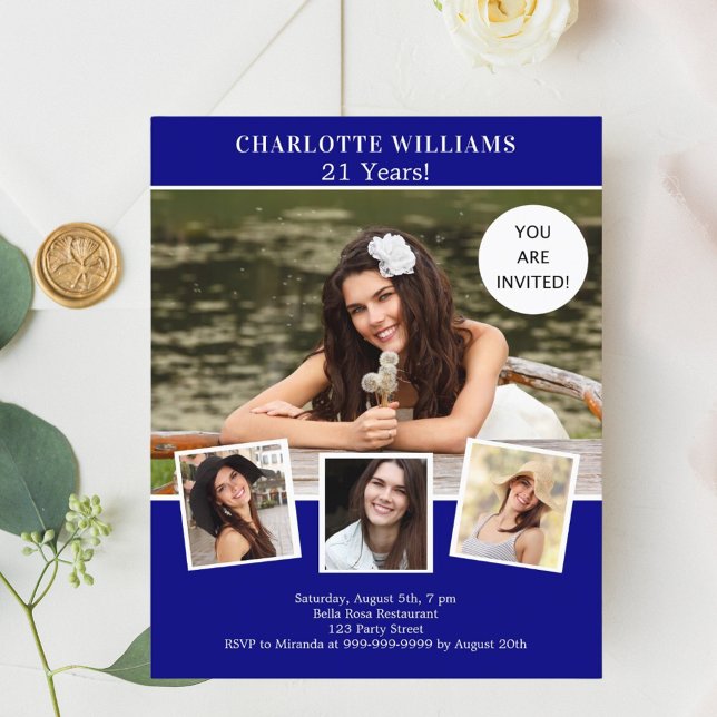 Navy blue photo collage birthday invitation (Creator Uploaded)