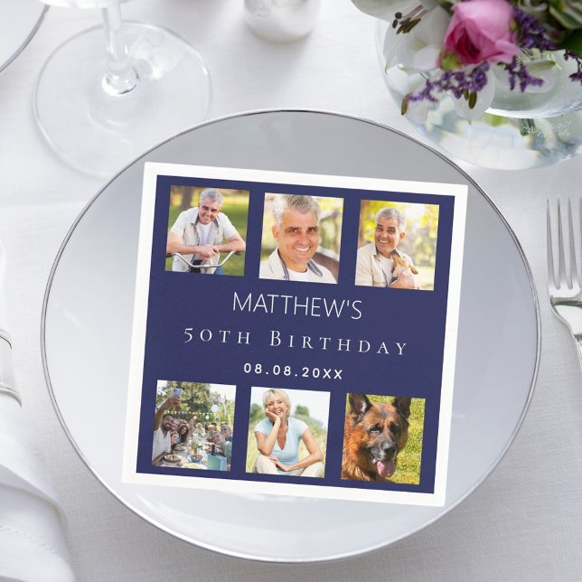 Navy blue photo collage birthday party napkins (Creator Uploaded)