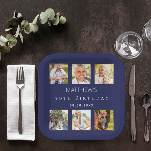 Navy blue photo collage birthday party paper plates