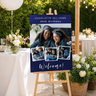 Navy blue photo collage birthday party welcome foam board