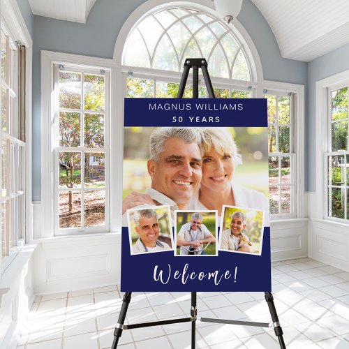 Navy blue photo collage birthday party welcome foam board