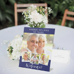 Navy blue photo collage birthday party welcome pedestal sign<br><div class="desc">Create your own unique photo collage. Use four,  4 of your favorite photo. Personalize and add a name and age. A navy blue colored background,  white text.</div>