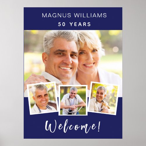 Navy blue photo collage birthday party welcome poster