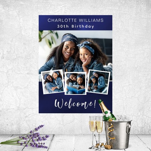 Navy blue photo collage birthday party welcome poster
