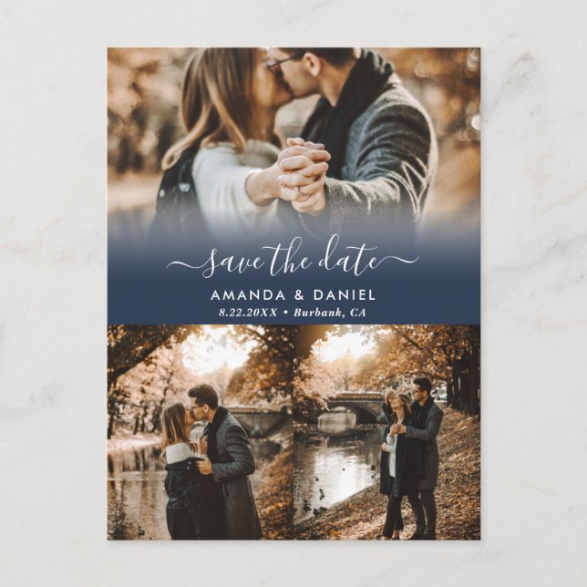 Navy Blue Photo Collage Save The Date Postcards (Front)