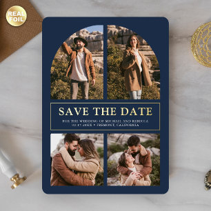 Navy Blue Photo Collage Wedding Save the Date Gold Foil Invitation