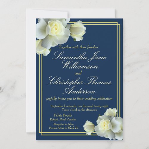 Navy Blue Photo Elegant Gold Script White Rose Invitation