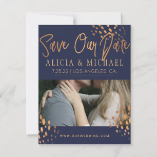 Navy Blue PHOTO Faux Rose Gold Foil Typography Save The Date