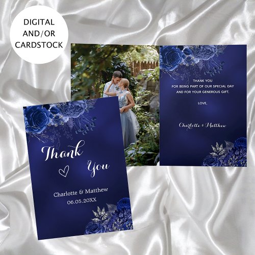 Navy blue photo flowers wedding thank you card