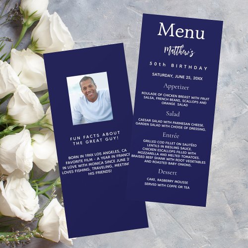 Navy blue photo fun facts birthday menu card