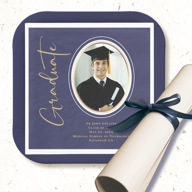 Navy Blue Photo Gold Graduation Script Minimal Napkins (Creator Uploaded)