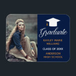 Navy Blue Photo Graduation Announcement Magnet<br><div class="desc">A classy custom photograph graduation announcement magnet in navy blue and gold for a high school,  college,  or university from the class of 2026. Customize with your school name and graduating class under the lovely calligraphy for a great personalized graduate photo magnet with your senior portrait.</div>