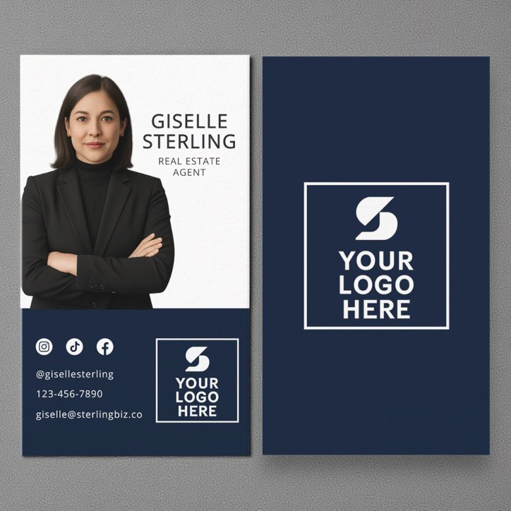 Navy Blue Photo Logo Real Estate Agent Business Card