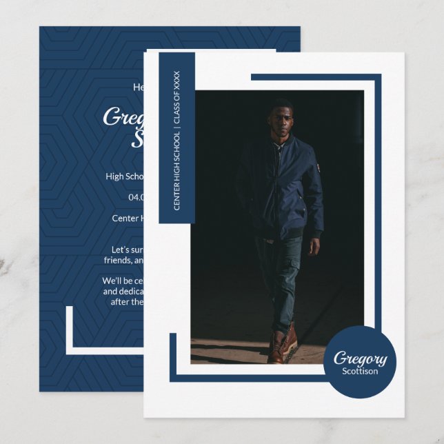Navy Blue Photo Modern Photo Graduation Invite (Front/Back)