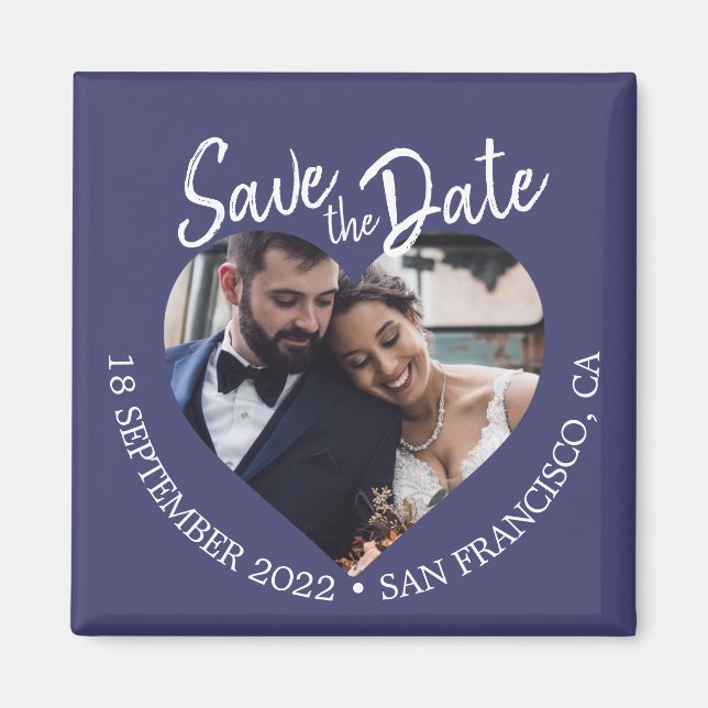 Navy Blue Photo Modern Script Save the Date Magnet (Front)