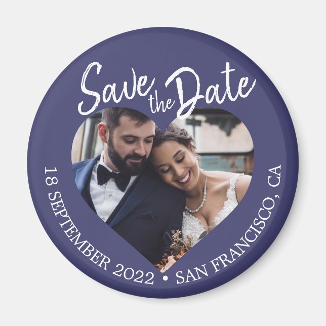 Navy Blue Photo Modern Script Save the Date Magnet (Front)