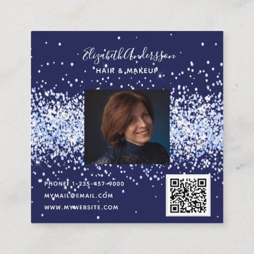 Navy blue photo qr code  square business card