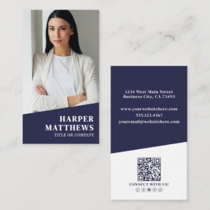 Navy Blue Photo QR Code Vertical Business Card