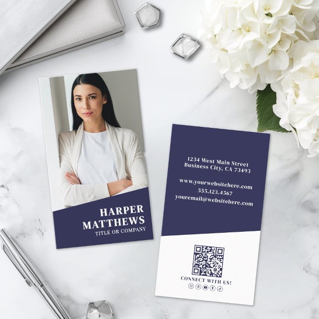 Navy Blue Photo QR Code Vertical Business Card (Navy Blue Photo QR Code Vertical Business Card )