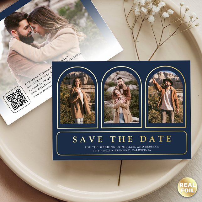 Navy Blue Photo QR Code Wedding Save the Date Foil Invitation (Creator Uploaded)