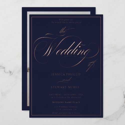 Navy blue photo script border wedding rose gold foil invitation