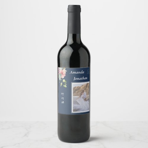 Navy Blue Photo Watercolor Wedding  Wine Label