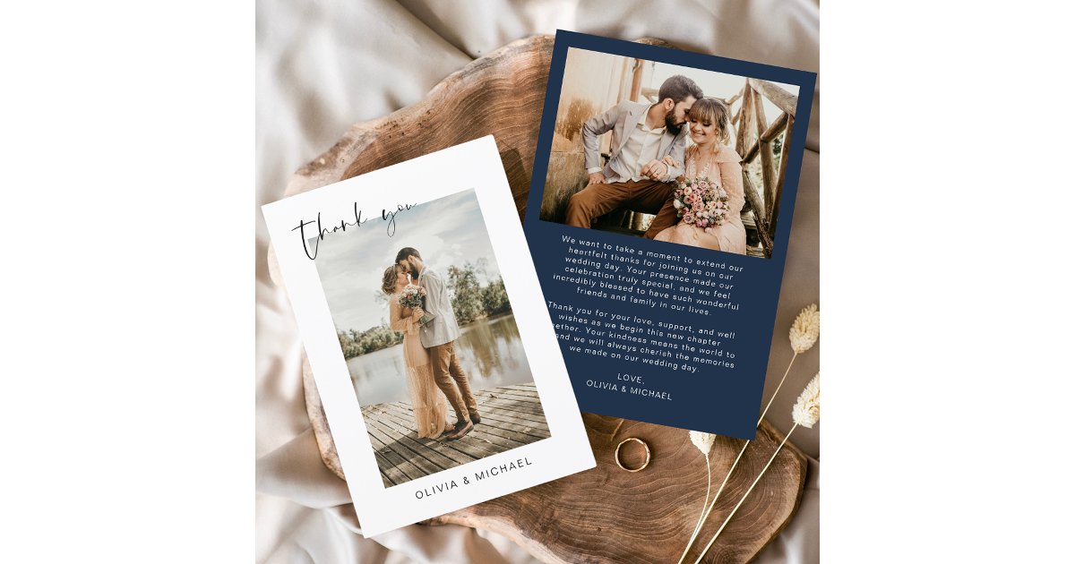 Navy Blue Photo Wedding Elegant Thank You Card | Zazzle