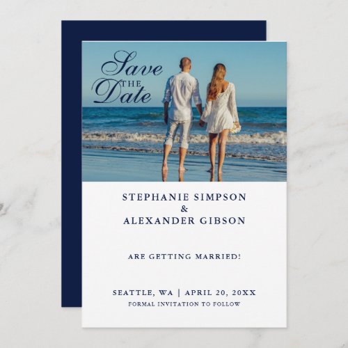 Navy Blue Photo Wedding Save The Date Card